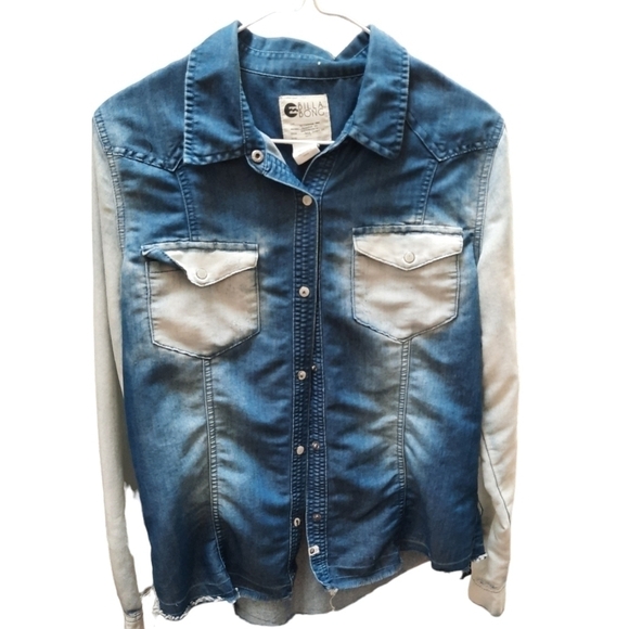 Bill A Bong Womens Denim Long Sleeve Snap Top Western Boho - Picture 2 of 7